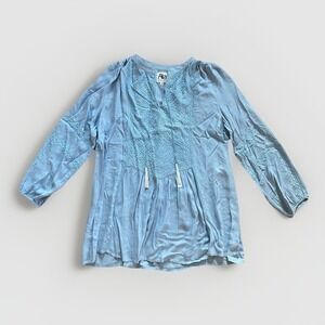 NWOT Womens Small Blue Embroidered Tunic Blouse Shirt Pullover Tassel Boho Flowy